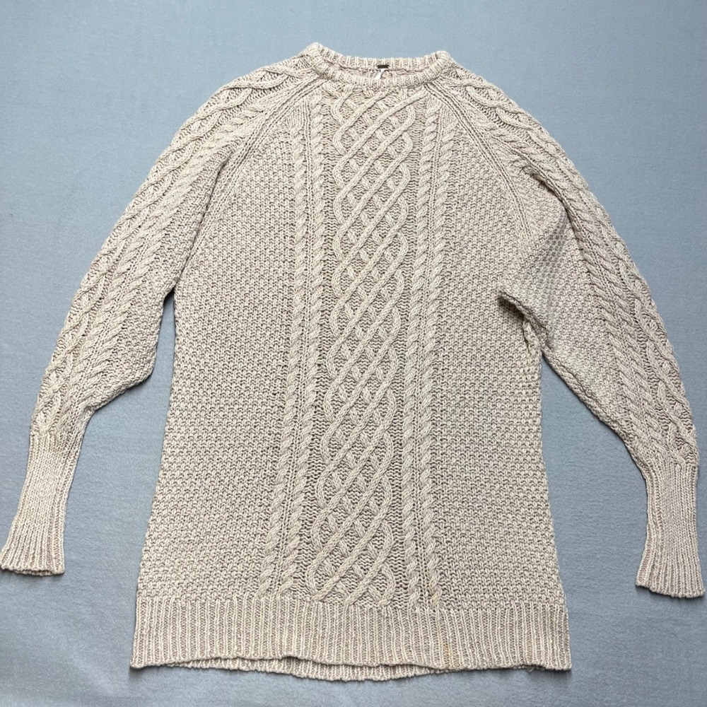 Free People Cream Chucky Cable Knit‎ Oversized Sweater LS Crew Neck Women Small